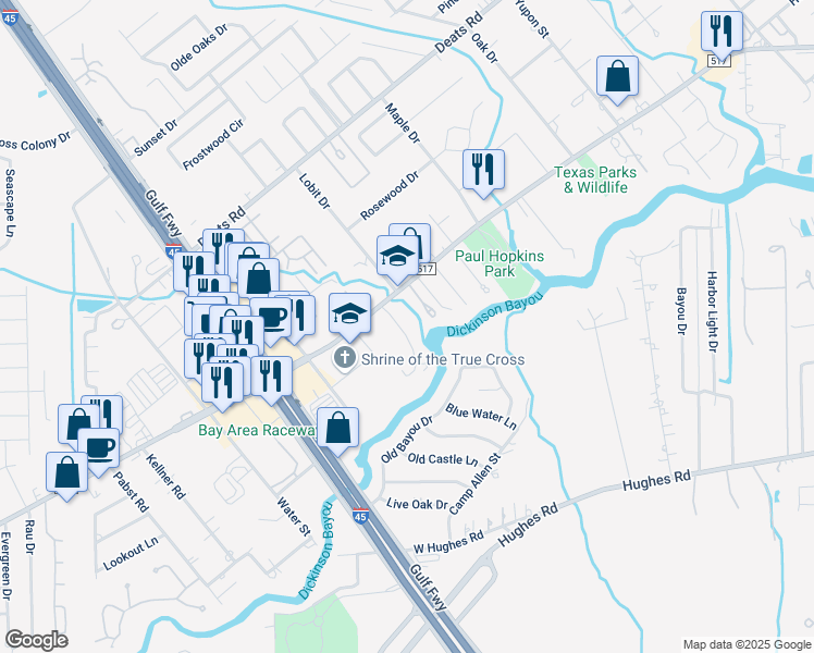 map of restaurants, bars, coffee shops, grocery stores, and more near 3801 Pine Manor Lane in Dickinson