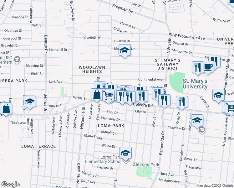 map of restaurants, bars, coffee shops, grocery stores, and more near 265 Brandywine Avenue in San Antonio