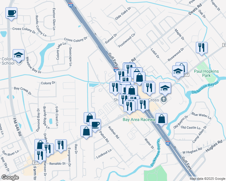 map of restaurants, bars, coffee shops, grocery stores, and more near 3301 Hughes Lane in Dickinson