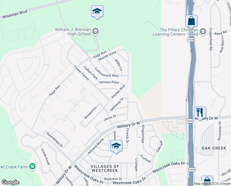 map of restaurants, bars, coffee shops, grocery stores, and more near 11715-11719 Millsway Drive in San Antonio