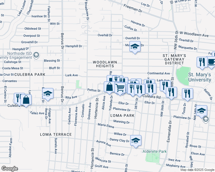map of restaurants, bars, coffee shops, grocery stores, and more near 410 Brandywine Avenue in San Antonio