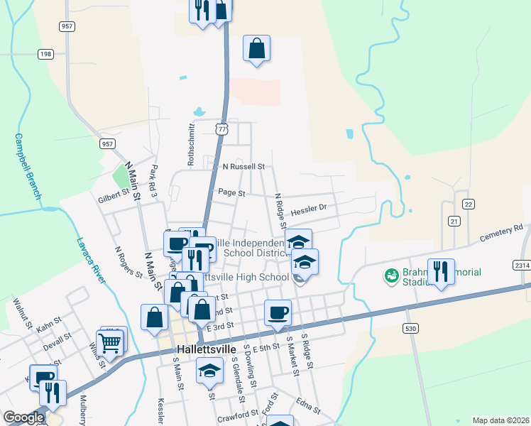 map of restaurants, bars, coffee shops, grocery stores, and more near 701 North Market Street in Hallettsville