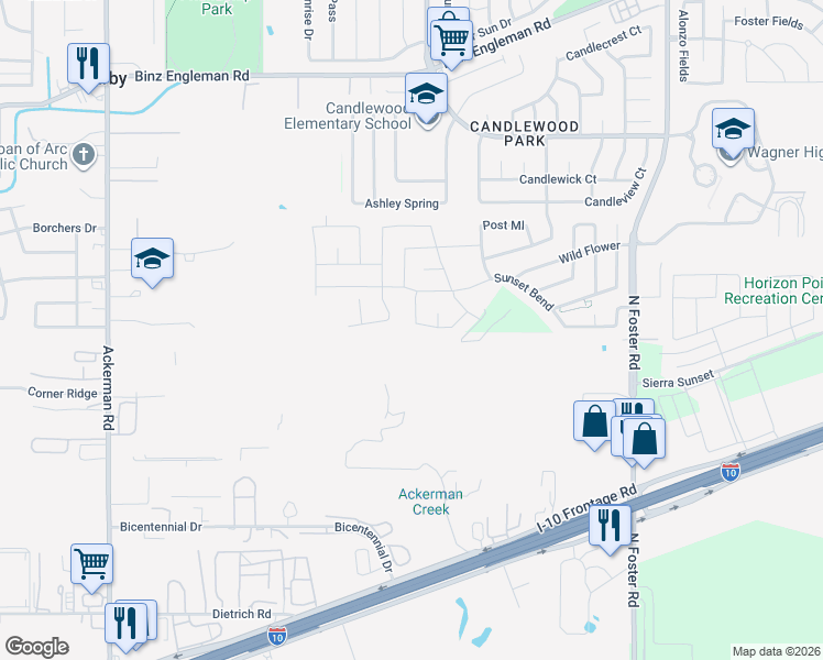 map of restaurants, bars, coffee shops, grocery stores, and more near 6104 Sunflower Path in San Antonio