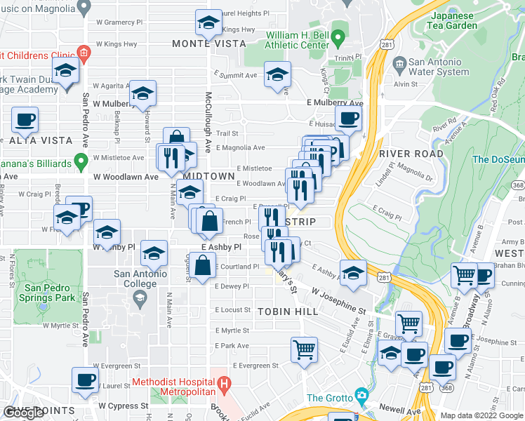 map of restaurants, bars, coffee shops, grocery stores, and more near 310 East Russell Place in San Antonio