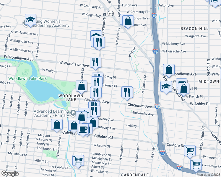 map of restaurants, bars, coffee shops, grocery stores, and more near 1622 West French Place in San Antonio