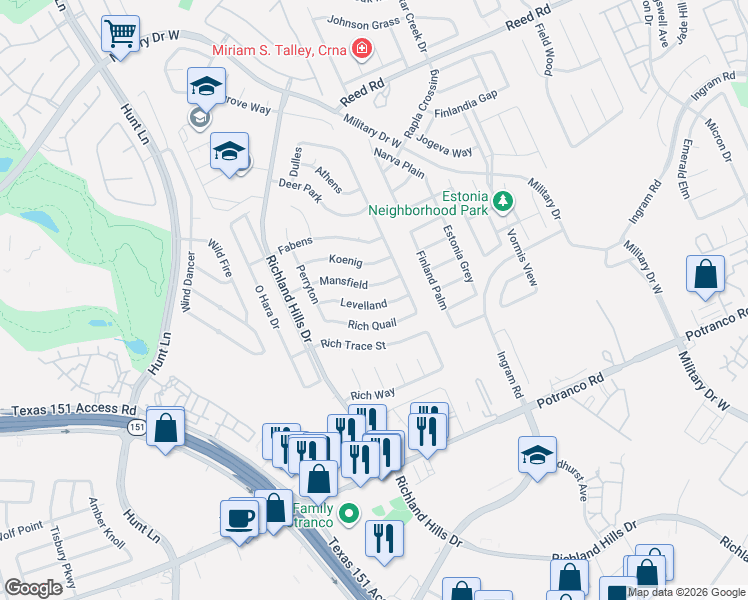 map of restaurants, bars, coffee shops, grocery stores, and more near 8923 Levelland in San Antonio