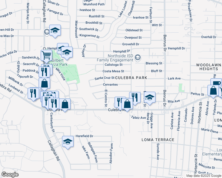 map of restaurants, bars, coffee shops, grocery stores, and more near 5379 San Benito Drive in San Antonio