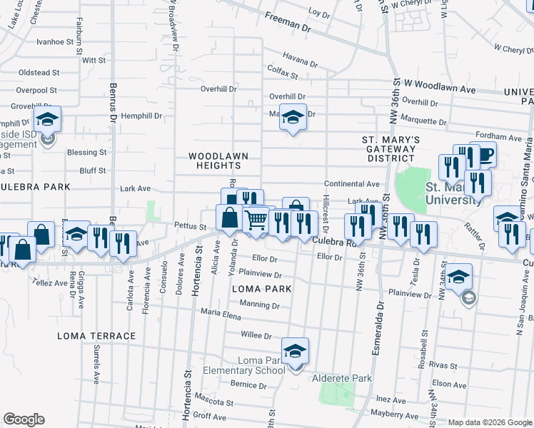 map of restaurants, bars, coffee shops, grocery stores, and more near 265 Brandywine Avenue in San Antonio