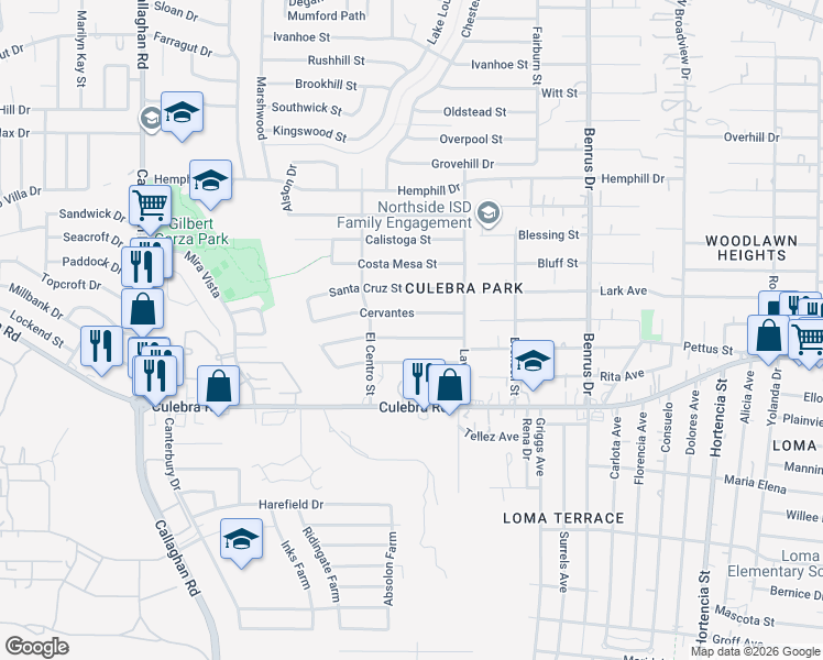 map of restaurants, bars, coffee shops, grocery stores, and more near 5343 San Benito Drive in San Antonio