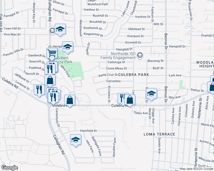 map of restaurants, bars, coffee shops, grocery stores, and more near 5379 San Benito Drive in San Antonio