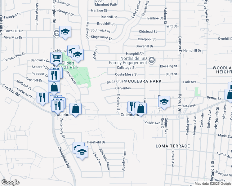 map of restaurants, bars, coffee shops, grocery stores, and more near 5379 San Benito Drive in San Antonio