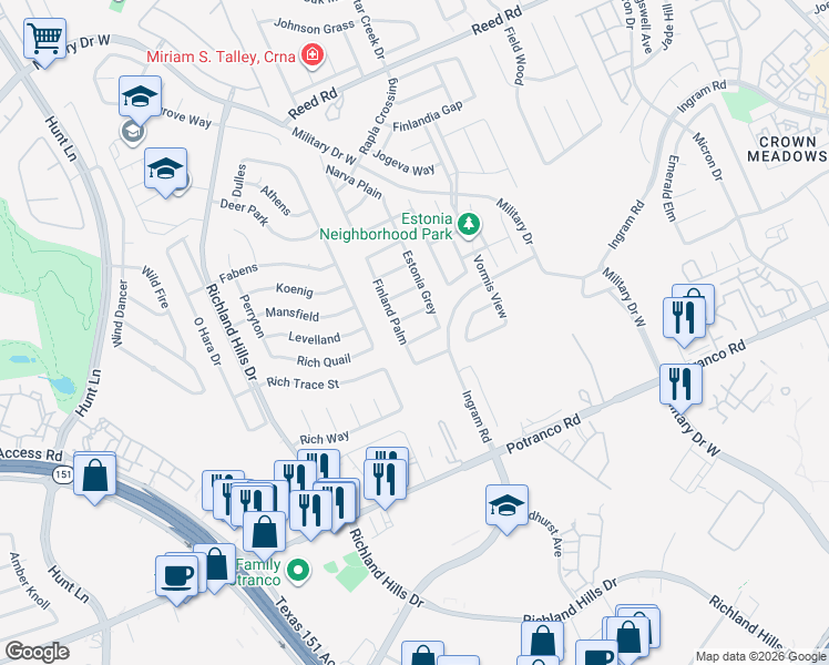 map of restaurants, bars, coffee shops, grocery stores, and more near 8623 Kihnu Willow in San Antonio