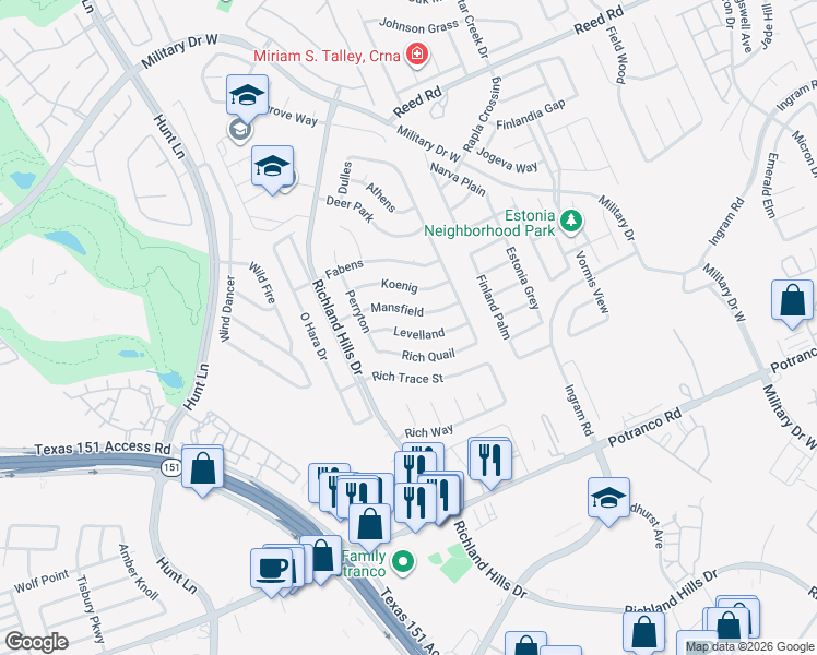 map of restaurants, bars, coffee shops, grocery stores, and more near 9019 Levelland in San Antonio