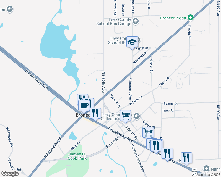 map of restaurants, bars, coffee shops, grocery stores, and more near 185 East Thrasher Drive in Bronson