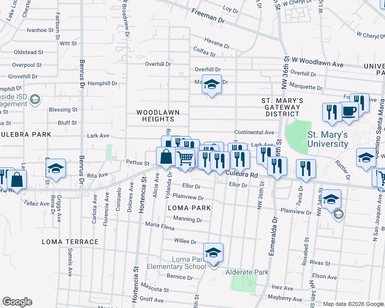 map of restaurants, bars, coffee shops, grocery stores, and more near 265 Brandywine Avenue in San Antonio