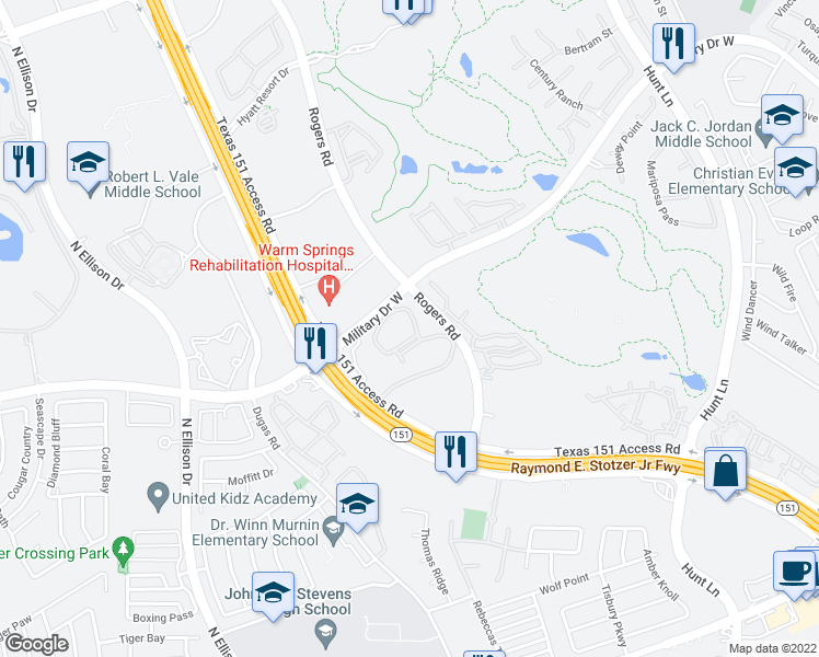 map of restaurants, bars, coffee shops, grocery stores, and more near 9914 Military Drive West in San Antonio