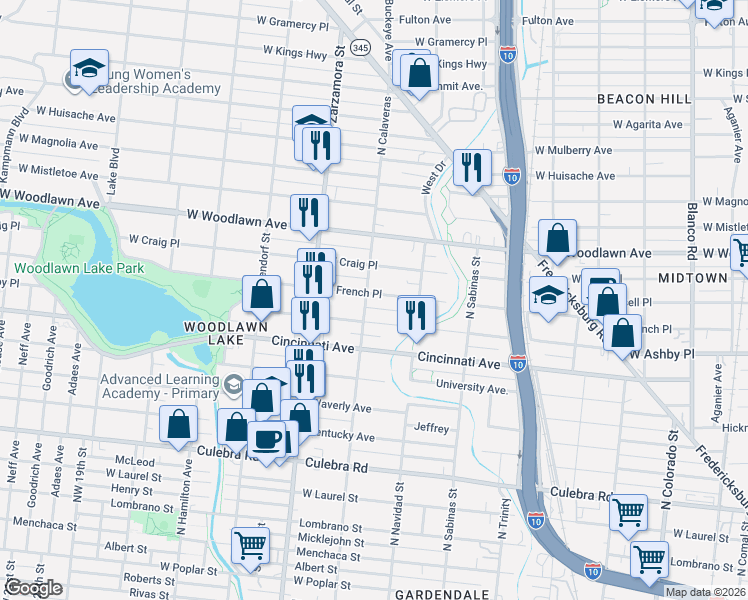 map of restaurants, bars, coffee shops, grocery stores, and more near 1622 West French Place in San Antonio