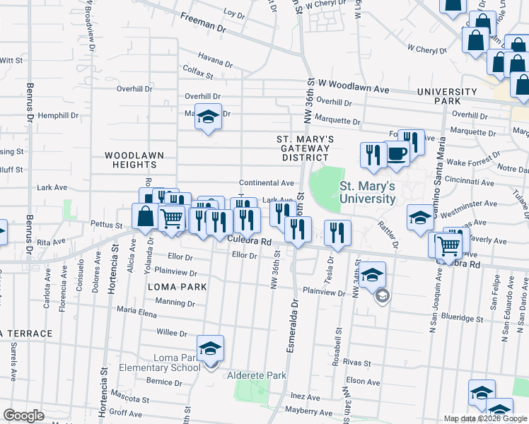 map of restaurants, bars, coffee shops, grocery stores, and more near 151 Brandywine Avenue in San Antonio