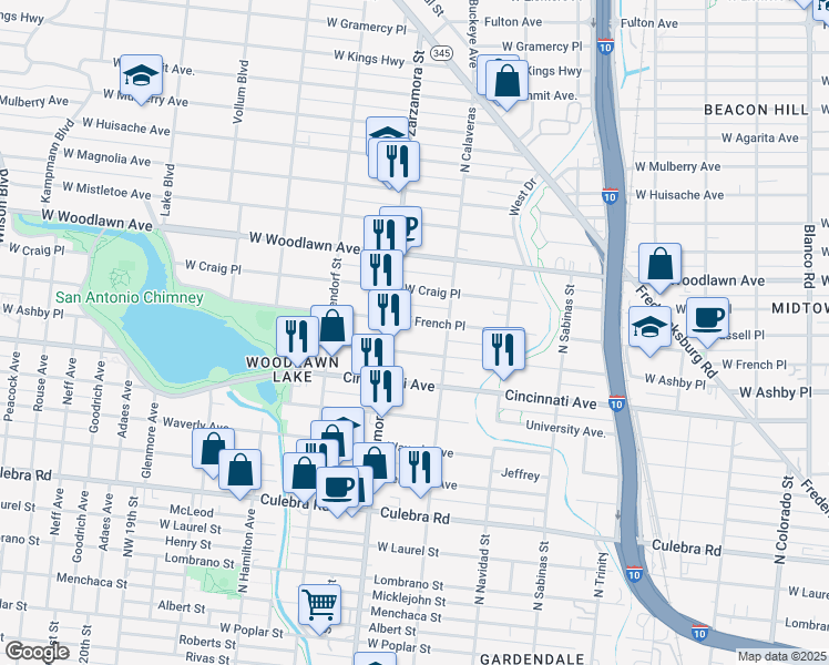 map of restaurants, bars, coffee shops, grocery stores, and more near 1730 West French Place in San Antonio