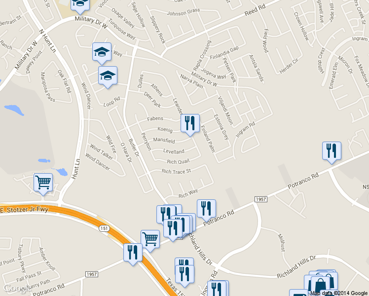 map of restaurants, bars, coffee shops, grocery stores, and more near 8923 Levelland in San Antonio