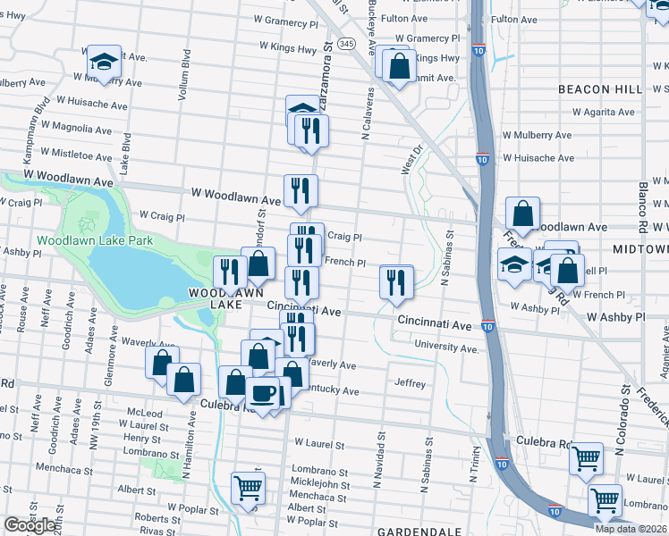 map of restaurants, bars, coffee shops, grocery stores, and more near 1730 West French Place in San Antonio