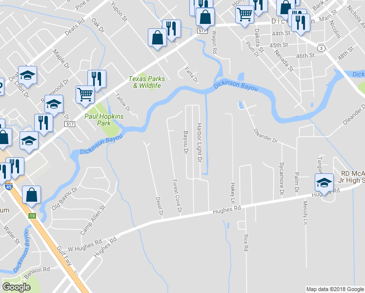 map of restaurants, bars, coffee shops, grocery stores, and more near 5206 Bayou Drive in Dickinson