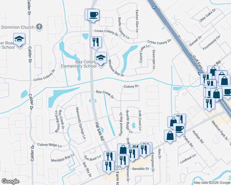 map of restaurants, bars, coffee shops, grocery stores, and more near 3004 Bay Breeze Drive in Dickinson