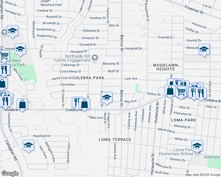 map of restaurants, bars, coffee shops, grocery stores, and more near 5122 Bartmer Avenue in San Antonio