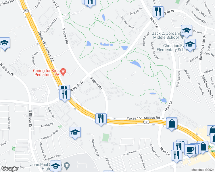 map of restaurants, bars, coffee shops, grocery stores, and more near 1818 Rogers Road in San Antonio