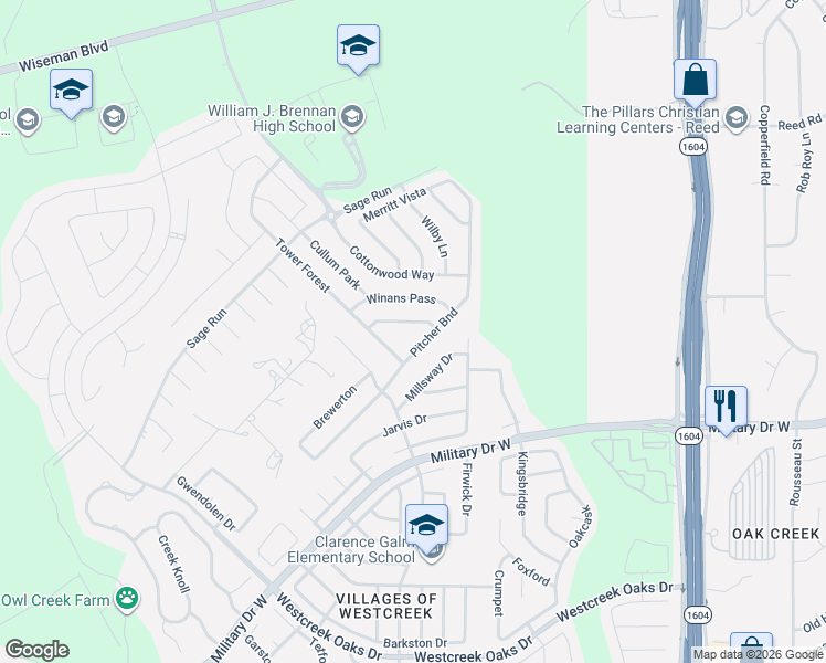 map of restaurants, bars, coffee shops, grocery stores, and more near 11715-11719 Millsway Drive in San Antonio