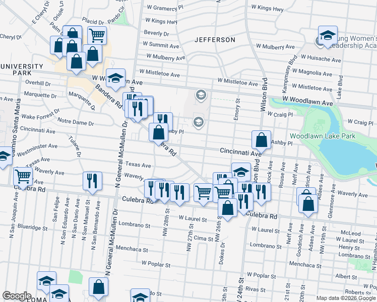 map of restaurants, bars, coffee shops, grocery stores, and more near 2126 Cincinnati Avenue in San Antonio
