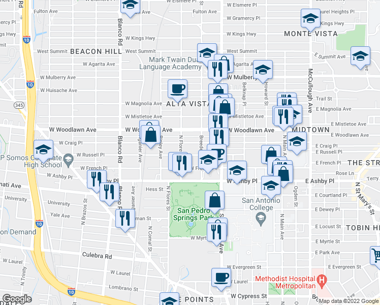 map of restaurants, bars, coffee shops, grocery stores, and more near 723 West Russell Place in San Antonio
