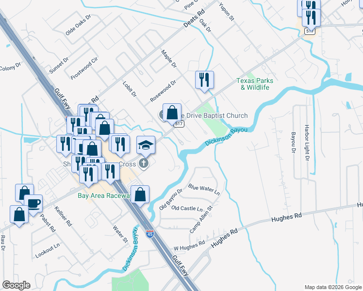 map of restaurants, bars, coffee shops, grocery stores, and more near 860 FM 517 Road East in Dickinson
