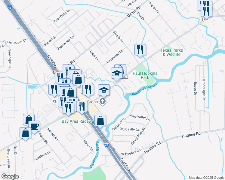 map of restaurants, bars, coffee shops, grocery stores, and more near 3700 Pine Manor Lane in Dickinson