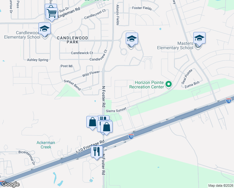 map of restaurants, bars, coffee shops, grocery stores, and more near 2315 Camberly View in Converse