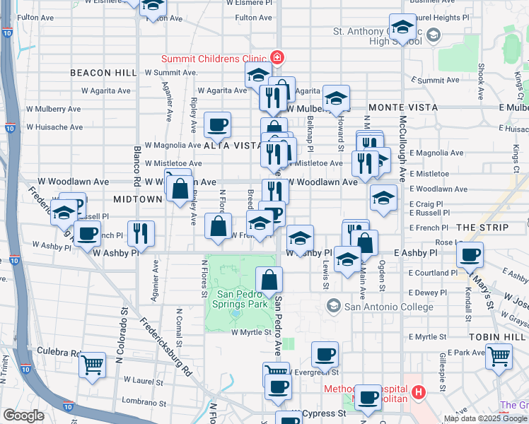map of restaurants, bars, coffee shops, grocery stores, and more near 626 West Russell Place in San Antonio