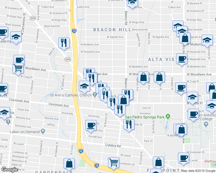map of restaurants, bars, coffee shops, grocery stores, and more near 1222 West Russell Place in San Antonio