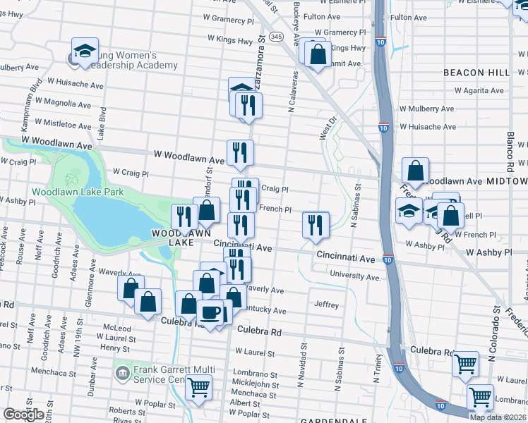 map of restaurants, bars, coffee shops, grocery stores, and more near 1730 West French Place in San Antonio