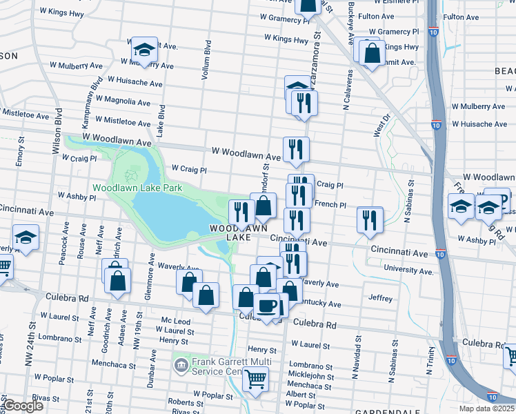 map of restaurants, bars, coffee shops, grocery stores, and more near 1943 West Ashby Place in San Antonio