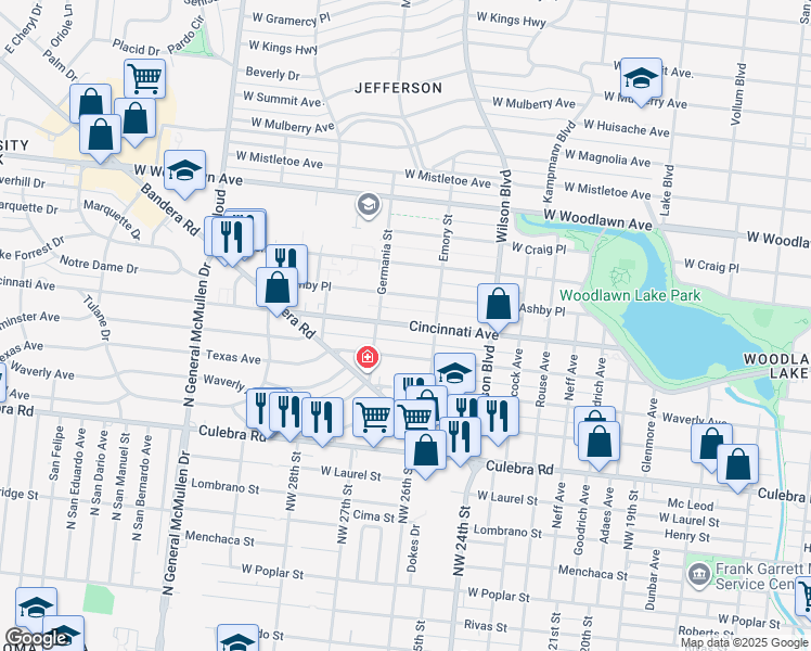 map of restaurants, bars, coffee shops, grocery stores, and more near 2010 Cincinnati Avenue in San Antonio