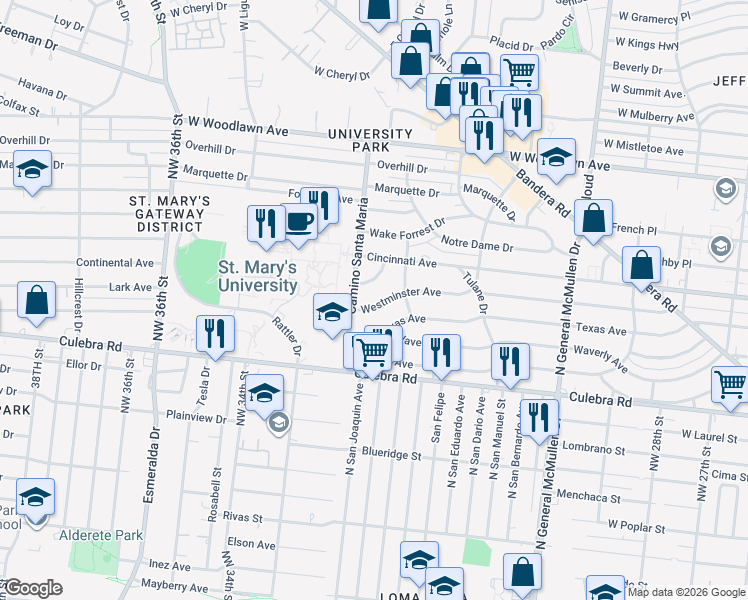 map of restaurants, bars, coffee shops, grocery stores, and more near 516 Westminster Avenue in San Antonio
