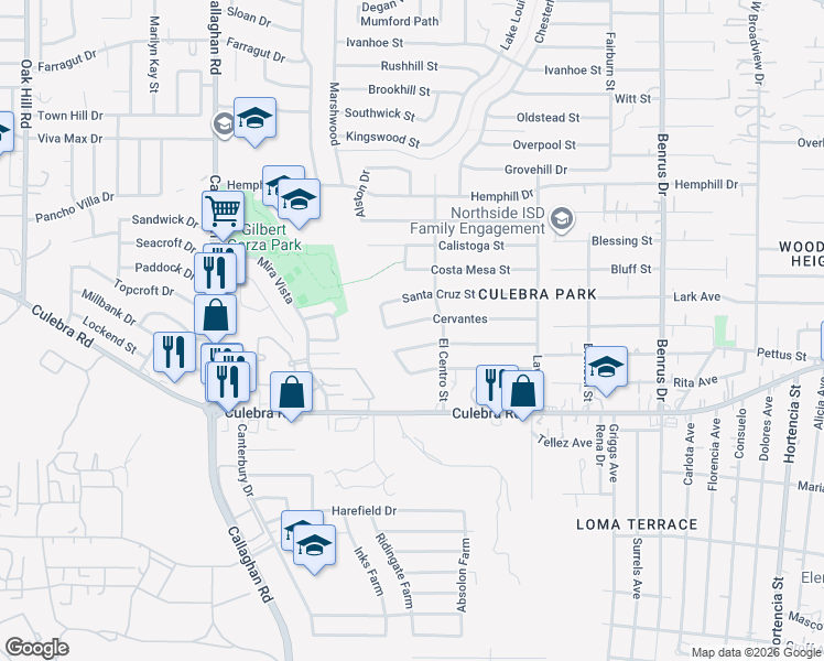 map of restaurants, bars, coffee shops, grocery stores, and more near 5427 San Benito Drive in San Antonio