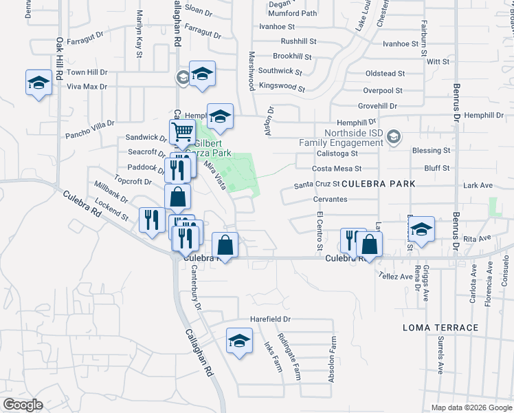 map of restaurants, bars, coffee shops, grocery stores, and more near 1511 Morning Sun in San Antonio