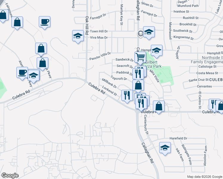 map of restaurants, bars, coffee shops, grocery stores, and more near 6102 Lockend Street in San Antonio