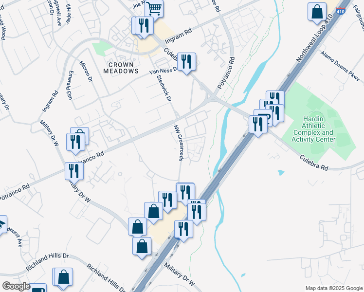 map of restaurants, bars, coffee shops, grocery stores, and more near 1530 Northwest Crossroads in San Antonio