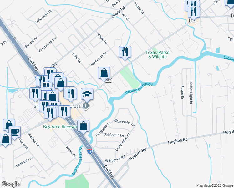 map of restaurants, bars, coffee shops, grocery stores, and more near 860 FM 517 Road East in Dickinson