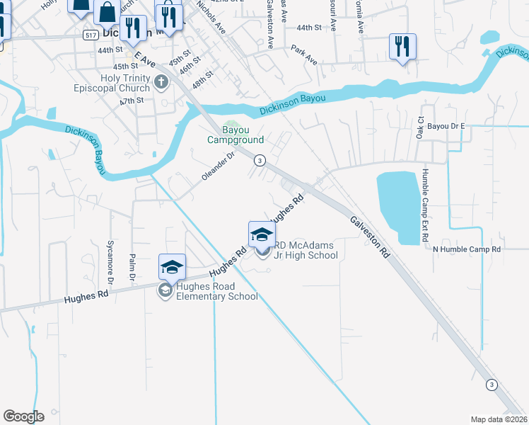 map of restaurants, bars, coffee shops, grocery stores, and more near 2607 Hughes Rd in Dickinson