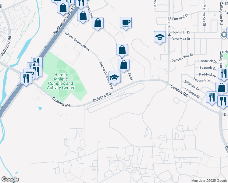 map of restaurants, bars, coffee shops, grocery stores, and more near 6999 Culebra Road in San Antonio