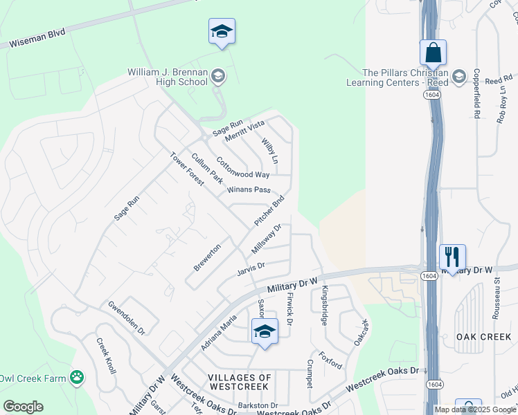 map of restaurants, bars, coffee shops, grocery stores, and more near 11715-11719 Millsway Drive in San Antonio