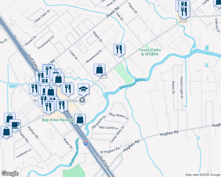 map of restaurants, bars, coffee shops, grocery stores, and more near 860 FM 517 Road East in Dickinson